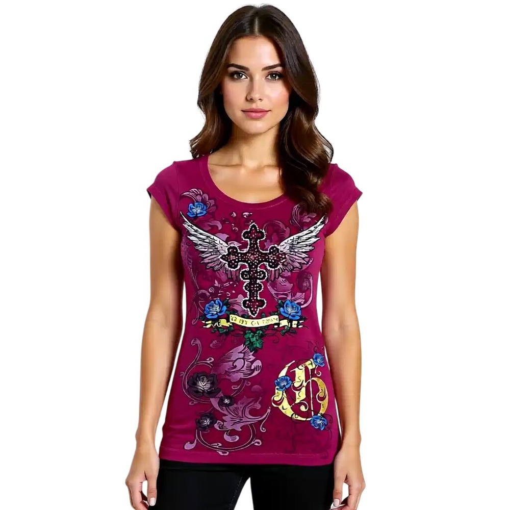 G by GUESS Women Magenta Pink Winged Cross Graphic Tee Rhinestone XS NWT